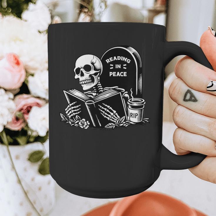 READING IN PEACE RIP Introvert Skeleton Read Book Meme Graphic Print Coffee Mug READING IN PEACE RIP Introvert Skeleton Read Book Meme Graphic Print Coffee Mug