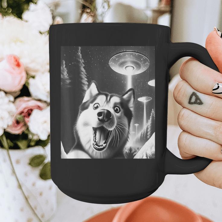 Siberian Husky Alien UFO Taking a Selfie Dog Mom Dad Graphic Print Coffee Mug