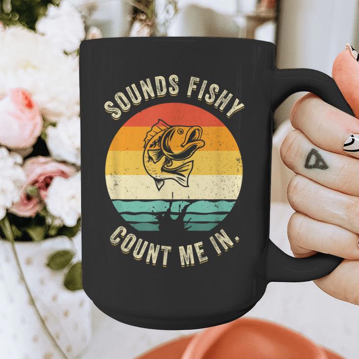 Sounds Fishy Count Me In Dad Grandpa Vintage Fishing Graphic Print Coffee Mug
