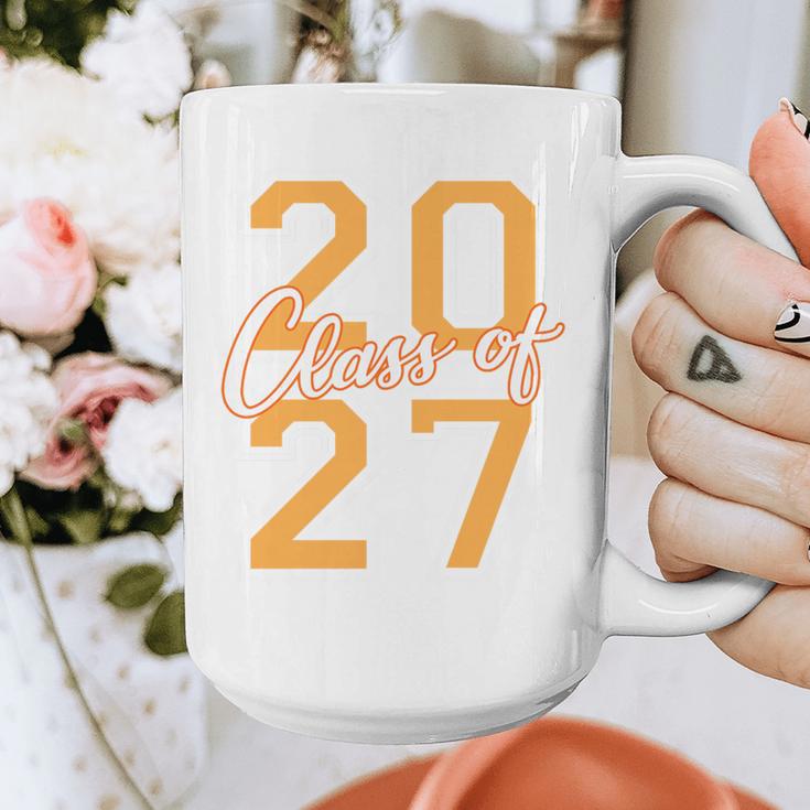 Class Of 2027 Graduation Varsity Orange On The Back Premium Tri-Blend Graphic Print Coffee Mug