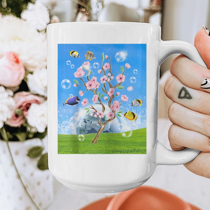 Frutiger Aero Aesthetic Tech Cherry Blossom Fishes Bubbles Raglan Baseball Tee Graphic Print Coffee Mug