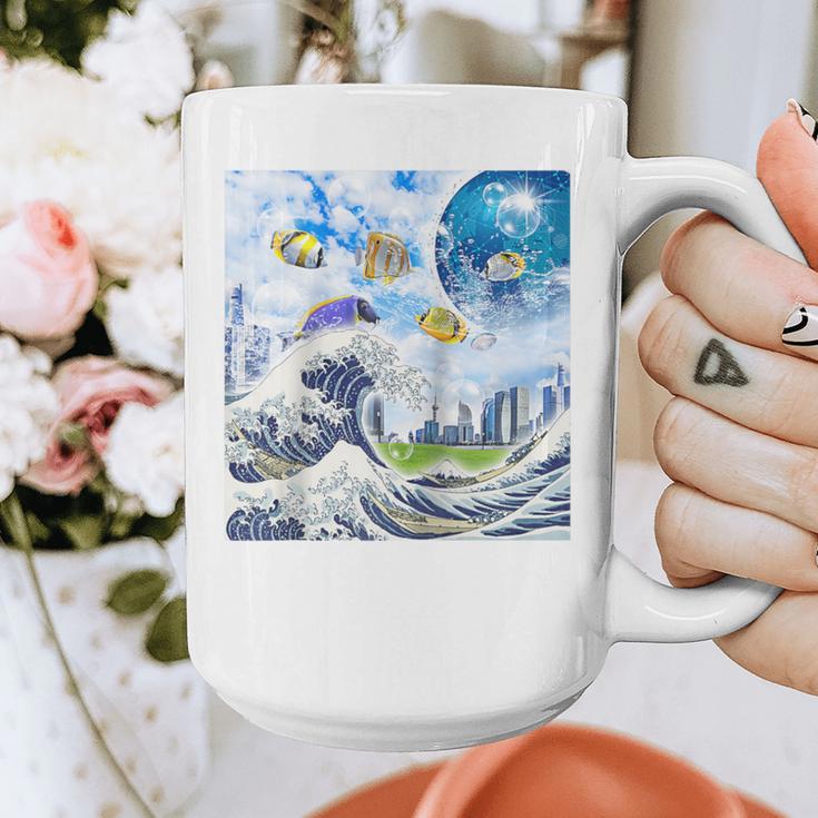 Frutiger Aero Aesthetic Tech Great Wave Of Kanagawa Fishes Raglan Baseball Tee Graphic Print Coffee Mug