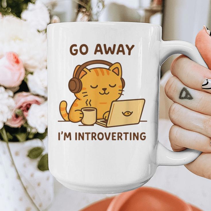Go Away I'm Introverting Cozy Cat With Laptop And Coffee Graphic Print Coffee Mug Go Away I'm Introverting Cozy Cat With Laptop And Coffee Graphic Print Coffee Mug