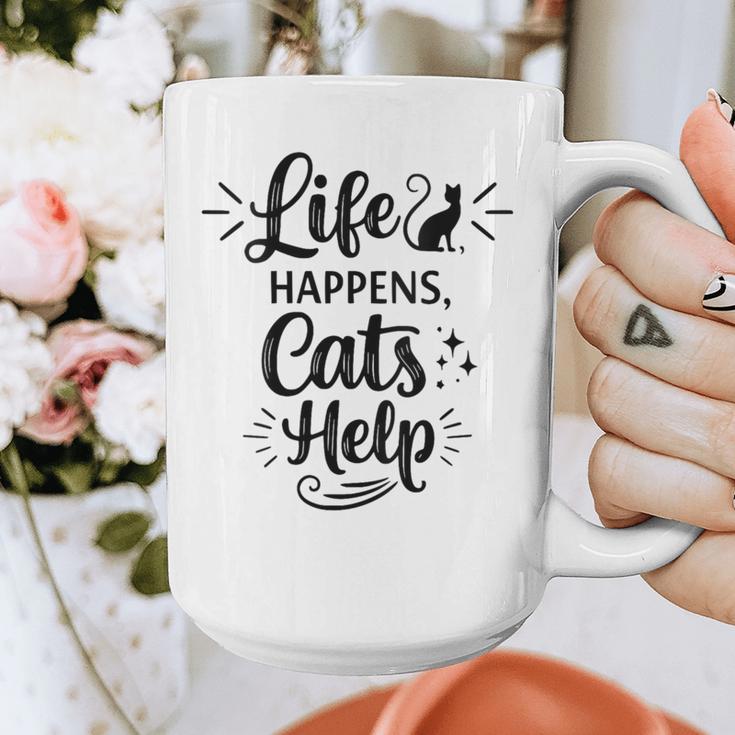 Women's Life Happens Cats Help Cat Lover Cat Moms Cat Dads Graphic Print Coffee Mug
