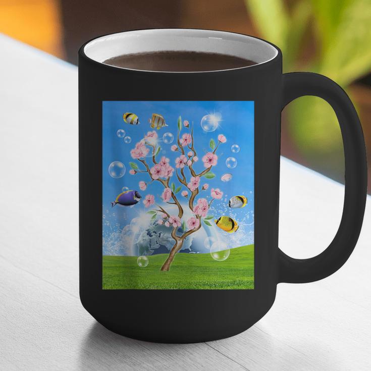 Frutiger Aero Aesthetic Tech Cherry Blossom Fishes Bubbles Graphic Print Coffee Mug