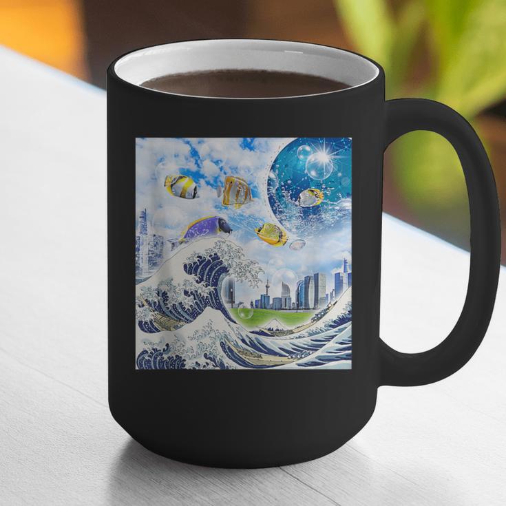 Frutiger Aero Aesthetic Tech Great Wave Of Kanagawa Fishes Graphic Print Coffee Mug