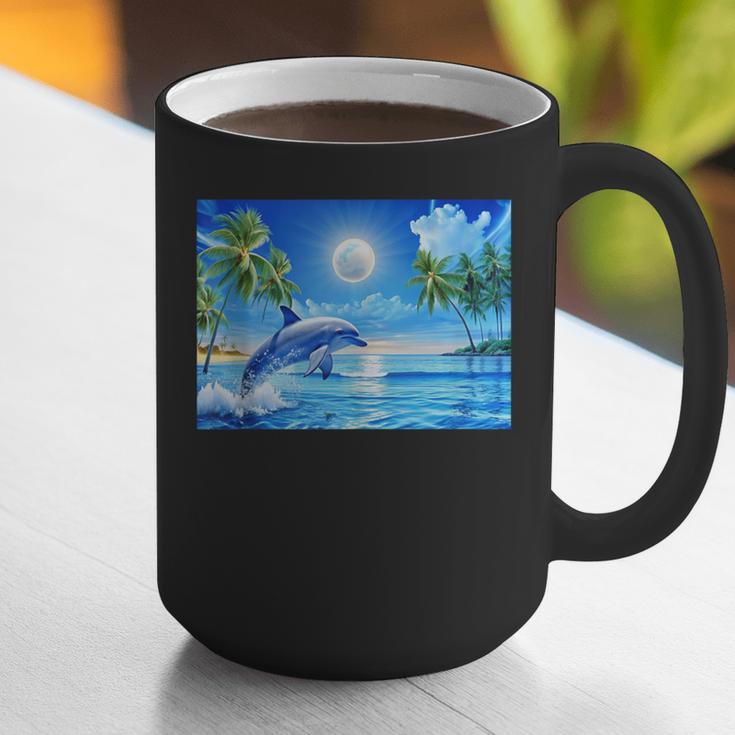 Frutiger Aero Dolphin Sunset Ocean With Palm Trees Y2k Graphic Print Coffee Mug