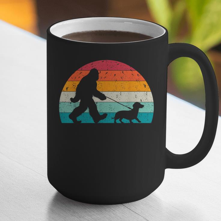Retro Sasquatch Lover Doxie Wiener Dog Walker Bigfoot Walking a Dog Dachshund Weiner Dog Dad Weenie Small Graphic Print Coffee Mug