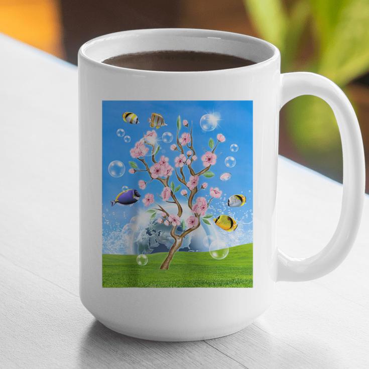 Frutiger Aero Aesthetic Tech Cherry Blossom Fishes Bubbles Raglan Baseball Tee Graphic Print Coffee Mug