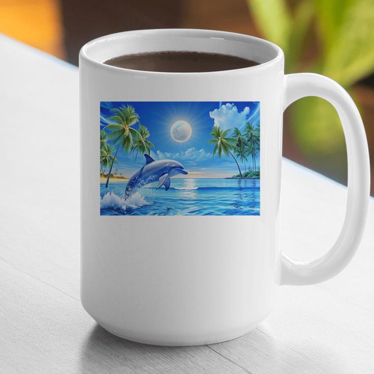 Frutiger Aero Dolphin Sunset Ocean With Palm Trees Y2k Premium Graphic Print Coffee Mug
