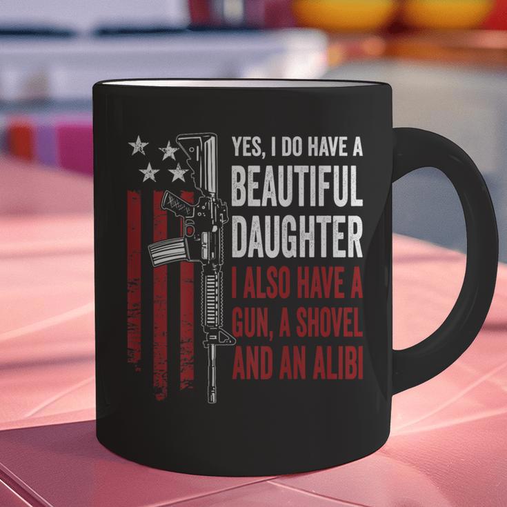 Daughter Gun Shovel Alibi Mom Dad Guns Joke -ON Back Graphic Print Coffee Mug