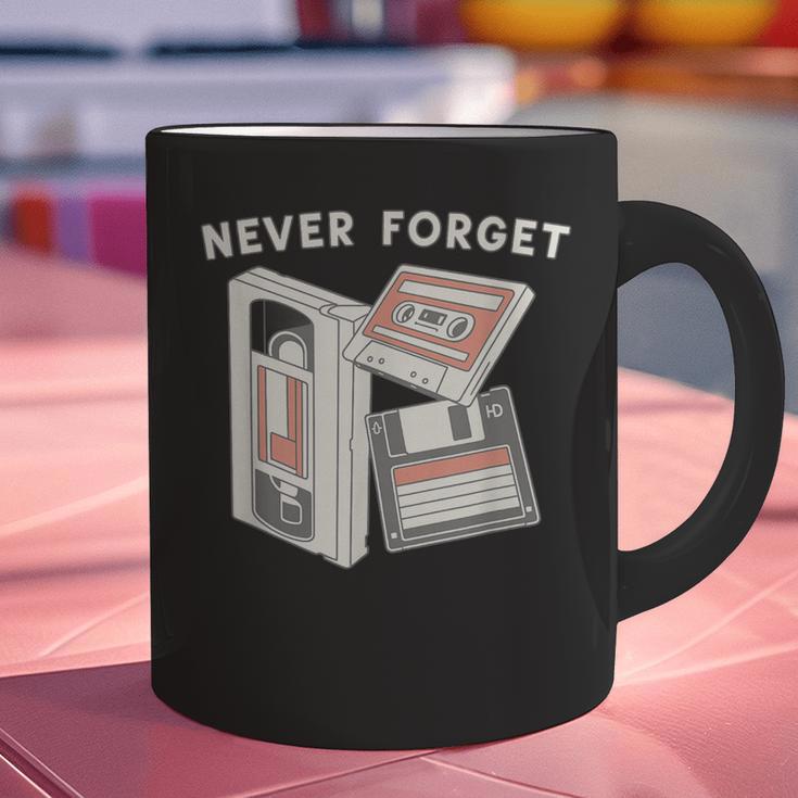Never Forget VHS Tape Cassette Floppy Disk Nostalgia 80s 90s Graphic Print Coffee Mug