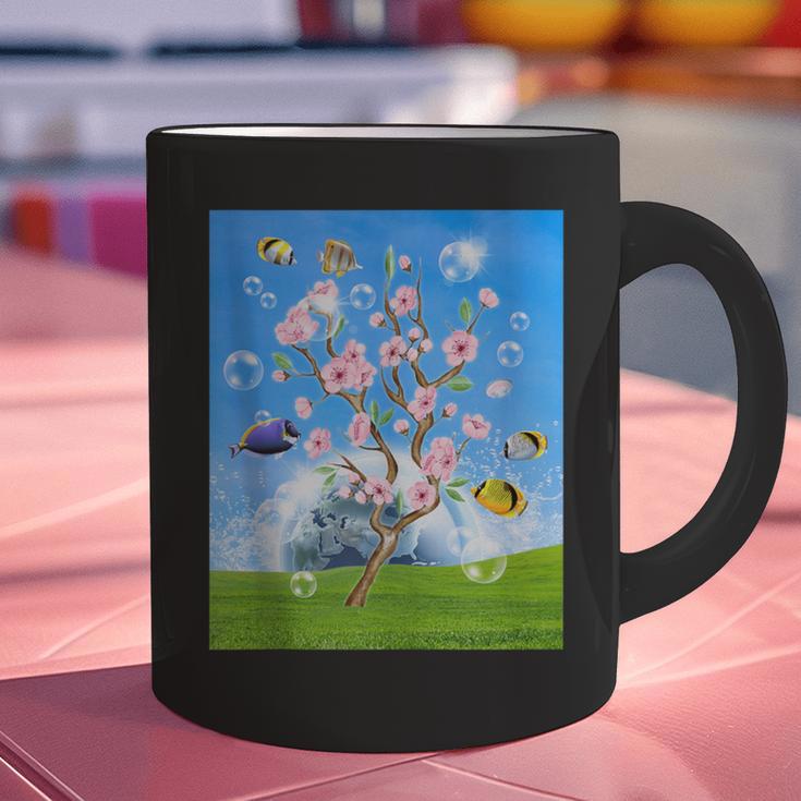 Frutiger Aero Aesthetic Tech Cherry Blossom Fishes Bubbles Graphic Print Coffee Mug