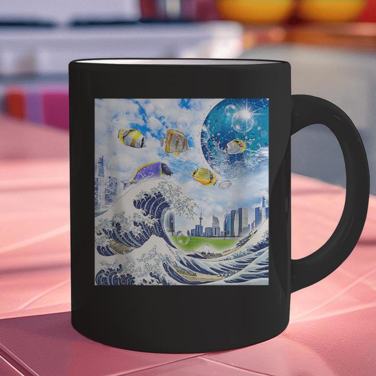 Frutiger Aero Aesthetic Tech Great Wave Of Kanagawa Fishes Graphic Print Coffee Mug