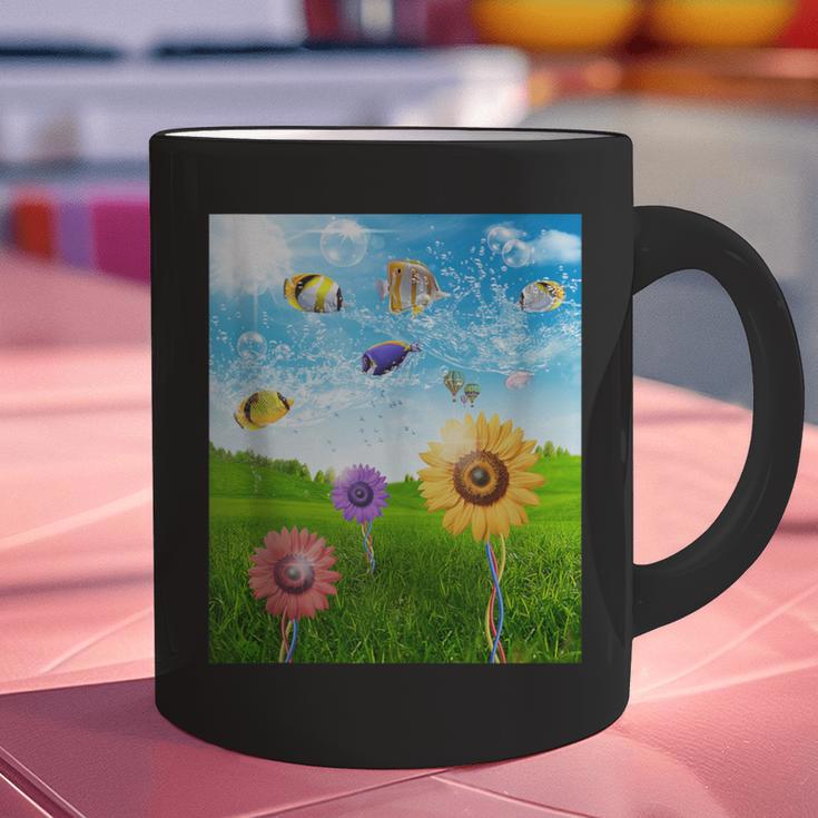 Frutiger Aero Aesthetic Tech Scenery Fishes Sunflower Graphic Print Coffee Mug Frutiger Aero Aesthetic Tech Scenery Fishes Sunflower Graphic Print Coffee Mug