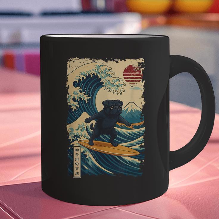 Pug Japanese Kanagawa Wave Surfing Japan Mom Dad Kids Graphic Print Coffee Mug