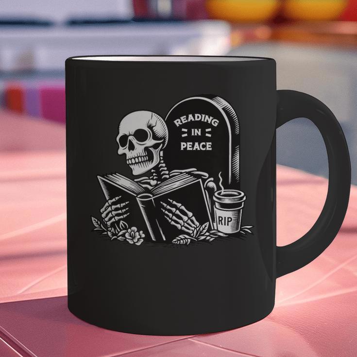 READING IN PEACE RIP Introvert Skeleton Read Book Meme Graphic Print Coffee Mug READING IN PEACE RIP Introvert Skeleton Read Book Meme Graphic Print Coffee Mug