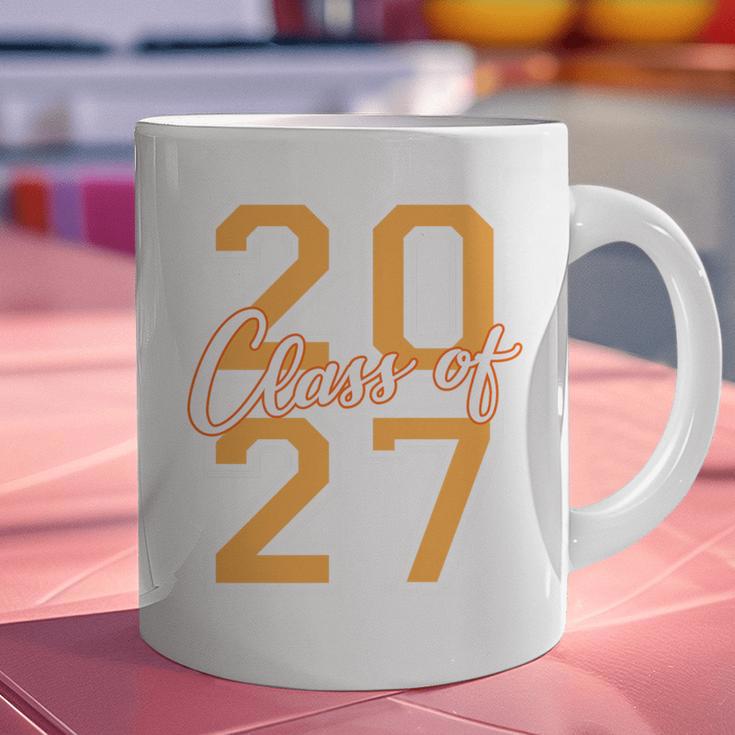 Class Of 2027 Graduation Varsity Orange On The Back Premium Tri-Blend Graphic Print Coffee Mug