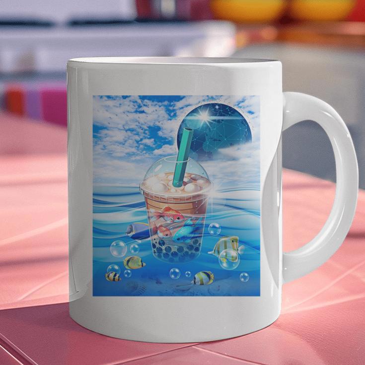 Frutiger Aero Aesthetic Tech Bubble Tea Boba Milktea Fishes Graphic Print Coffee Mug Frutiger Aero Aesthetic Tech Bubble Tea Boba Milktea Fishes Graphic Print Coffee Mug