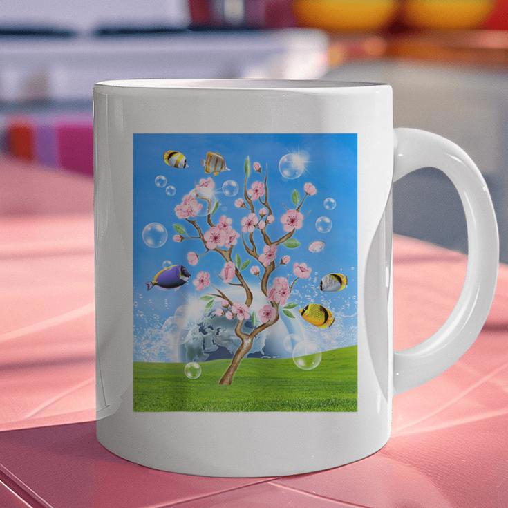 Frutiger Aero Aesthetic Tech Cherry Blossom Fishes Bubbles Raglan Baseball Tee Graphic Print Coffee Mug