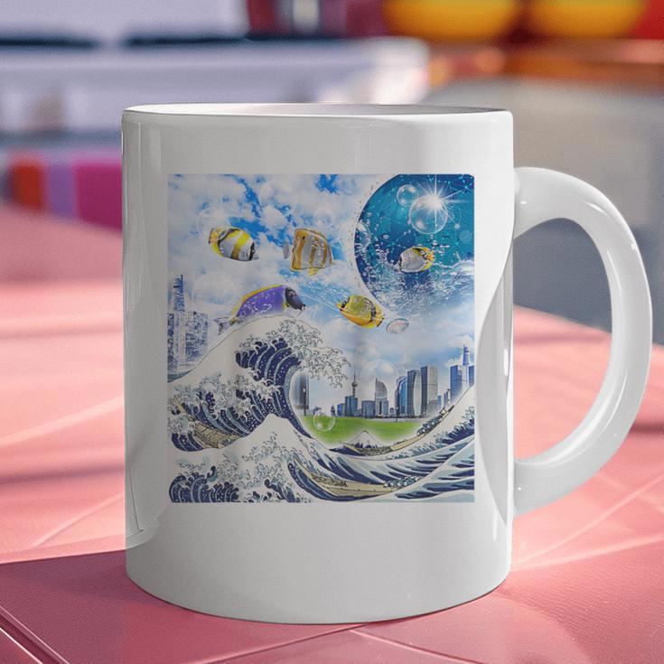 Frutiger Aero Aesthetic Tech Great Wave Of Kanagawa Fishes Raglan Baseball Tee Graphic Print Coffee Mug