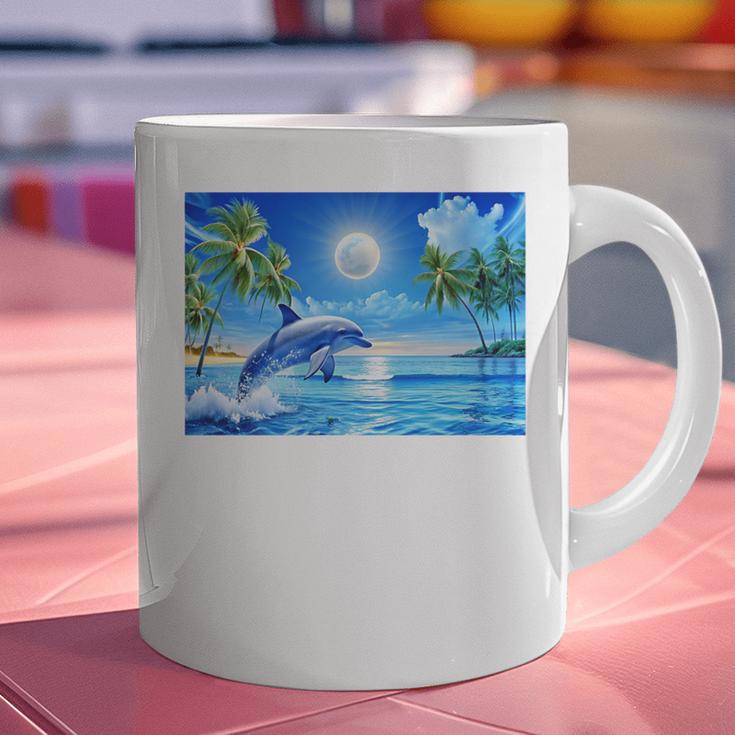 Frutiger Aero Dolphin Sunset Ocean With Palm Trees Y2k Premium Graphic Print Coffee Mug
