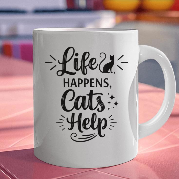 Women's Life Happens Cats Help Cat Lover Cat Moms Cat Dads Graphic Print Coffee Mug