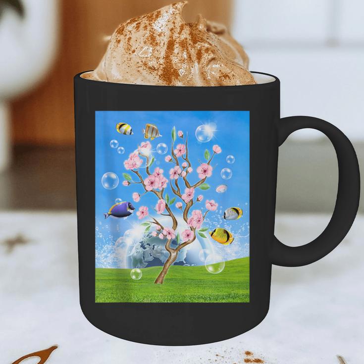 Frutiger Aero Aesthetic Tech Cherry Blossom Fishes Bubbles Graphic Print Coffee Mug