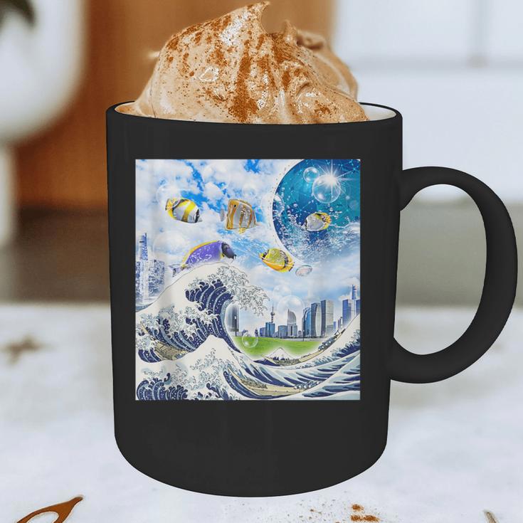 Frutiger Aero Aesthetic Tech Great Wave Of Kanagawa Fishes Graphic Print Coffee Mug