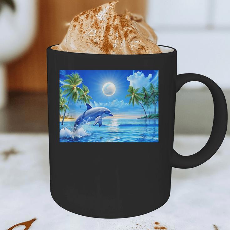 Frutiger Aero Dolphin Sunset Ocean With Palm Trees Y2k Graphic Print Coffee Mug