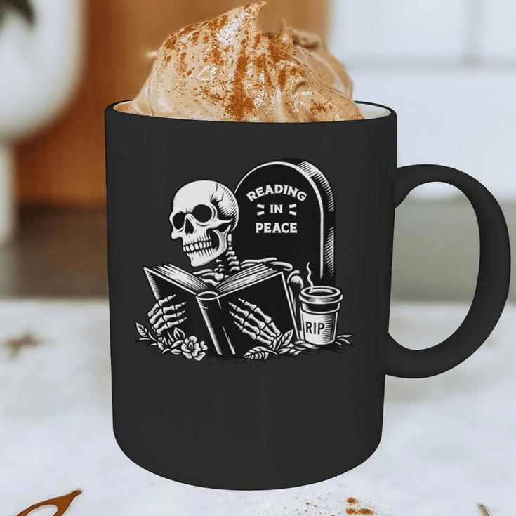 READING IN PEACE RIP Introvert Skeleton Read Book Meme Graphic Print Coffee Mug READING IN PEACE RIP Introvert Skeleton Read Book Meme Graphic Print Coffee Mug