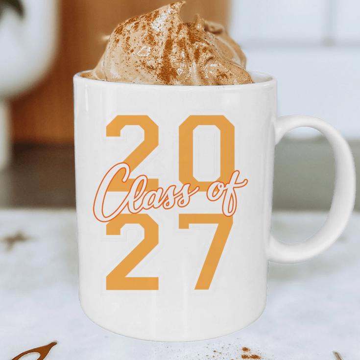 Class Of 2027 Graduation Varsity Orange On The Back Premium Tri-Blend Graphic Print Coffee Mug