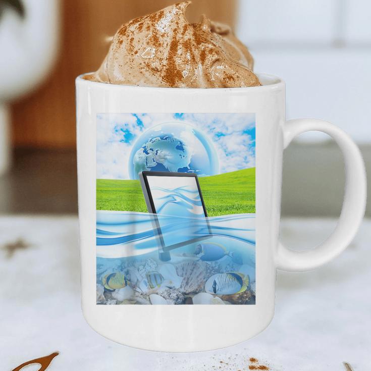 Frutiger Aero Aesthetic Tech Water Fishes Monitor Screen Raglan Baseball Tee Graphic Print Coffee Mug