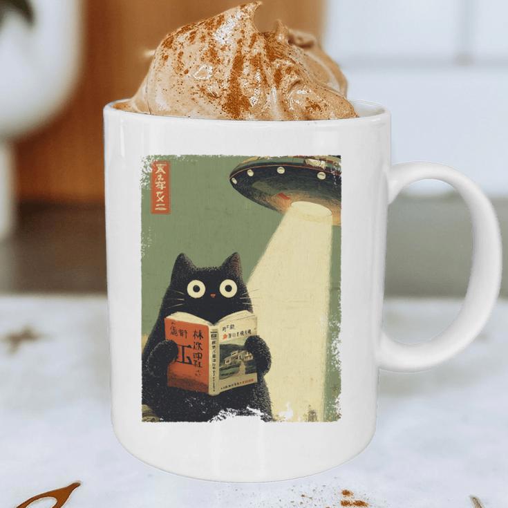 Vintage Japanese Cat Book Lovers UFO Alien Abduction Cat Dad Graphic Print Coffee Mug