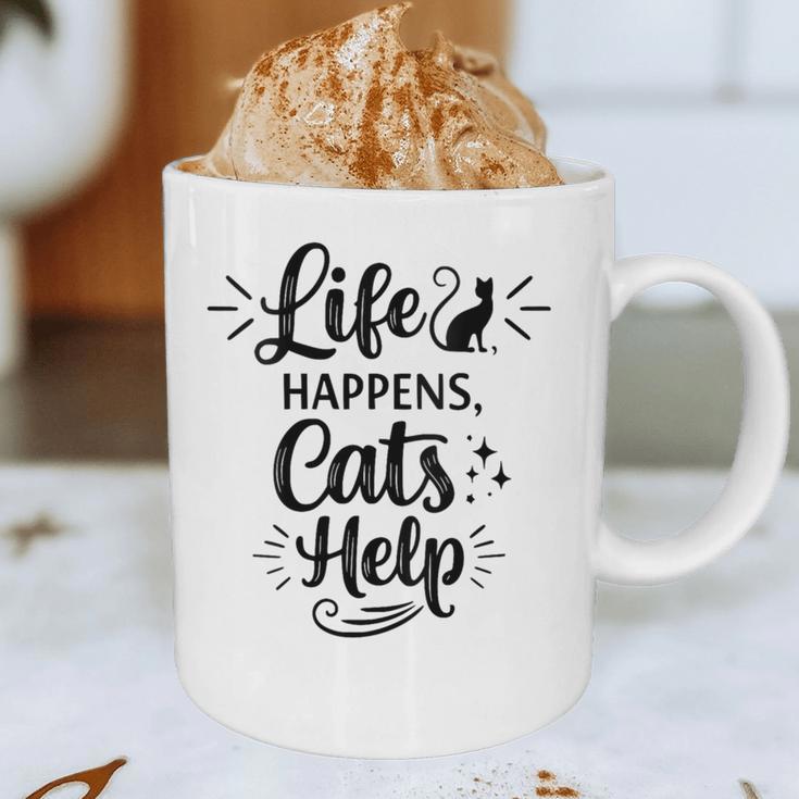 Women's Life Happens Cats Help Cat Lover Cat Moms Cat Dads Graphic Print Coffee Mug
