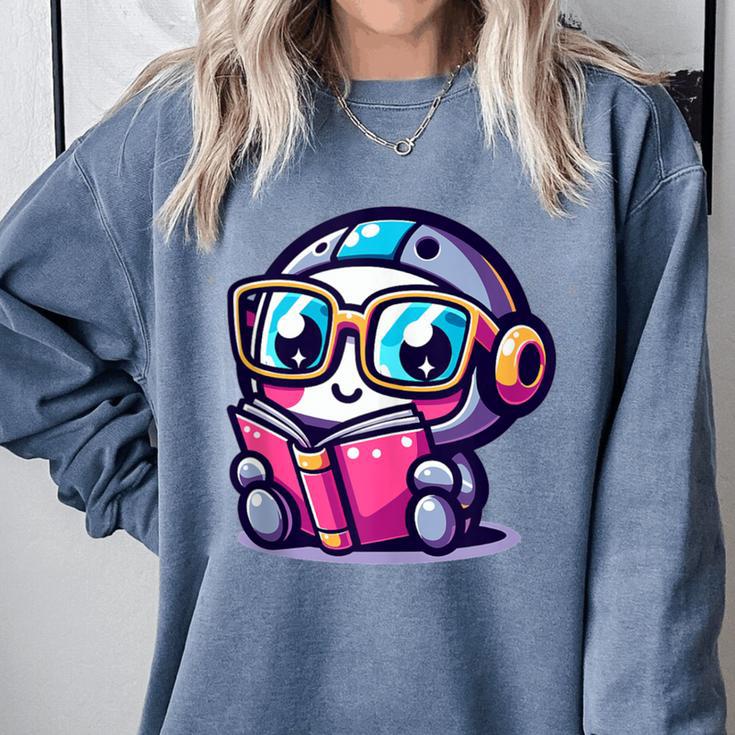 Adorable Book Lover Robot With Reading Glasses Cute Comfort Colors Sweatshirt