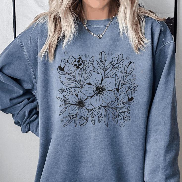 Adult Coloring Book Style Flowers And Ladybug Self Coloring Comfort Colors Sweatshirt