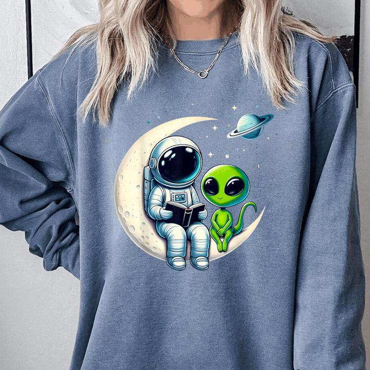 Astronaut Reading Book To Alien Shirt Moon Space Lover Kids Comfort Colors Sweatshirt