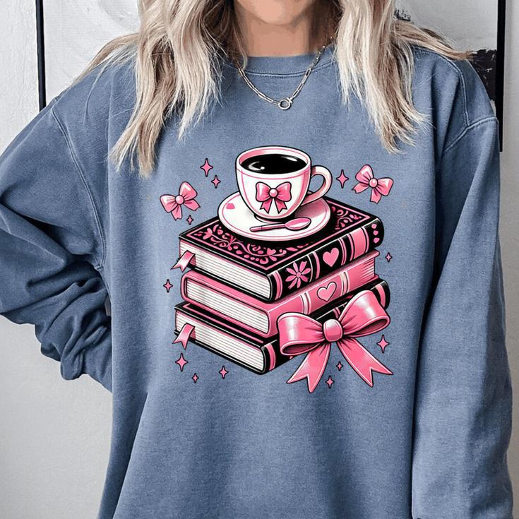 All Booked For Valentine's Teacher Coquette Bow Coffee Book Comfort Colors Sweatshirt