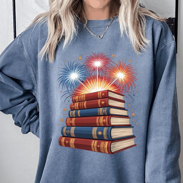 Books Fireworks 4th Of July Bookworm Patriotic Reader Comfort Colors Sweatshirt