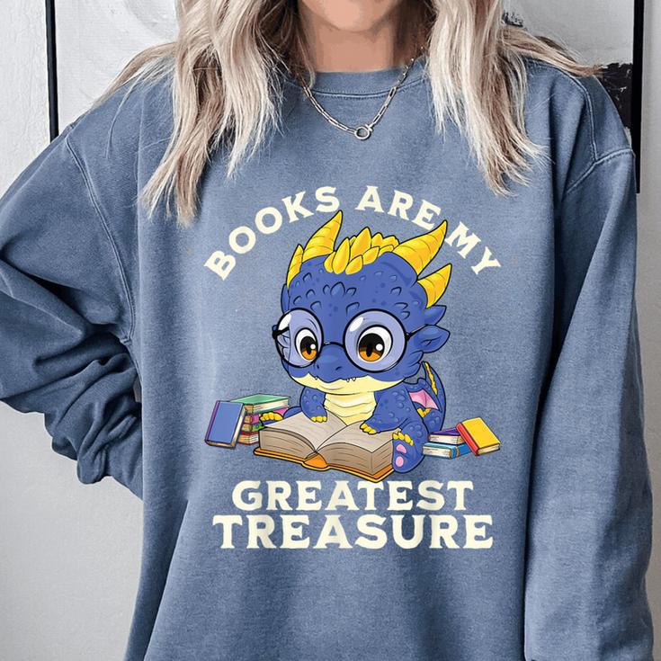 Books Are My Greatest Treasure Kawaii Dragon Reading Books Comfort Colors Sweatshirt