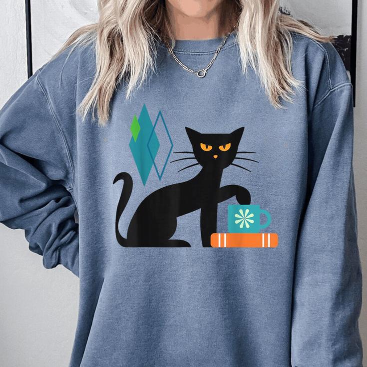 Cat Midcentury With Book And Coffee Atomic Age Mid Century Comfort Colors Sweatshirt