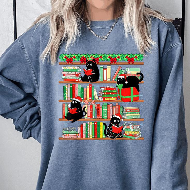 Christmas Cat Santa Bookshelves Book Lover Reader Comfort Colors Sweatshirt