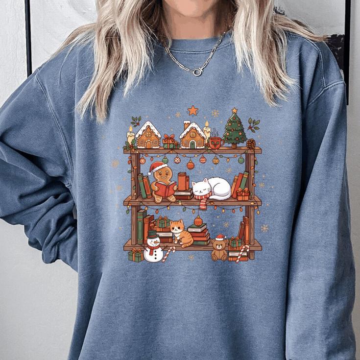 Christmas Cats Bookshelf Gingerbread Comfort Colors Sweatshirt Christmas Cats Bookshelf Gingerbread Comfort Colors Sweatshirt