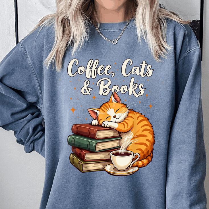 Coffee Cats & Books Lover For Women & Girls Coffee Comfort Colors Sweatshirt