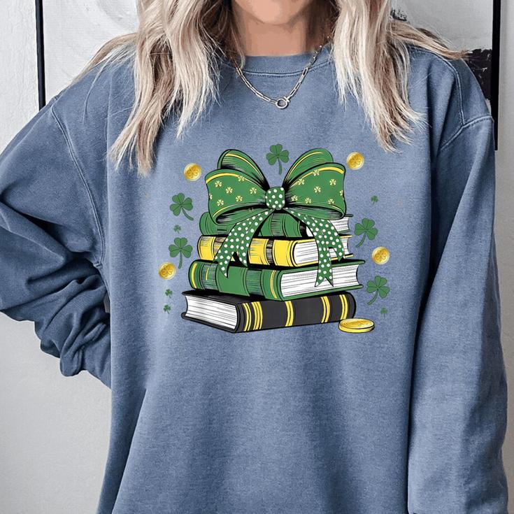 Coquette Bow Books St Patrick's Shamrock Bookworm Librarian Comfort Colors Sweatshirt