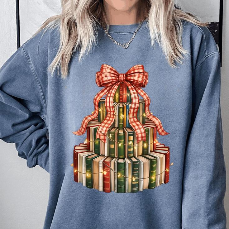 Coquette Christmas Book Tree Xmas Lights Librarian Teacher Comfort Colors Sweatshirt