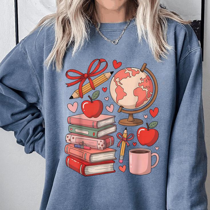 Coquette Teacher School Supplies Bows Books Globe Apple Cute Comfort Colors Sweatshirt