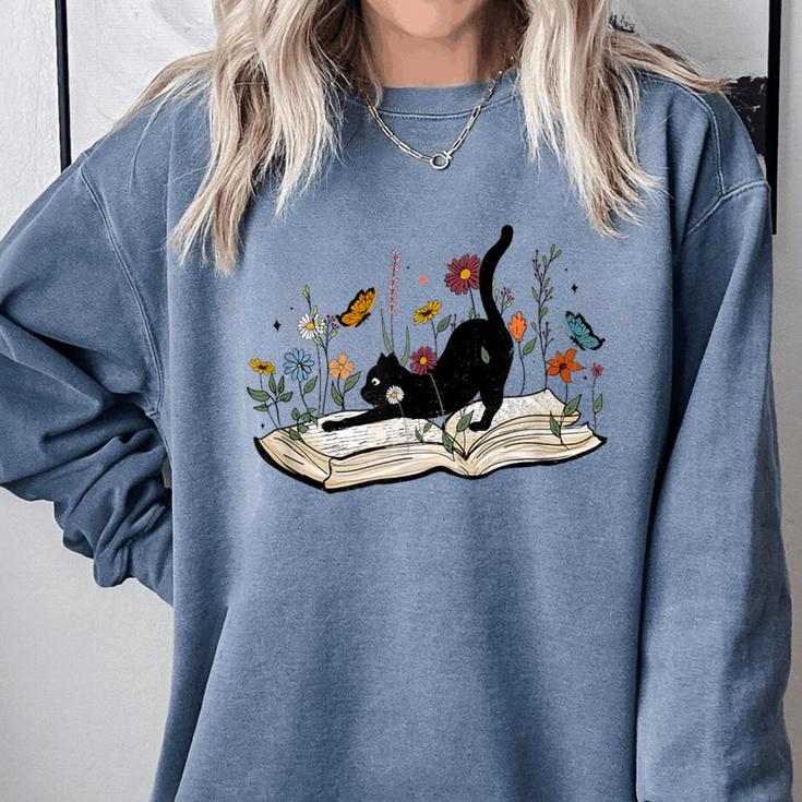 Cute Cat Flower Garden Book Kitty Reading Floral Men Women Girls Kids Comfort Colors Sweatshirt Cute Cat Flower Garden Book Kitty Reading Floral Men Women Girls Kids Comfort Colors Sweatshirt