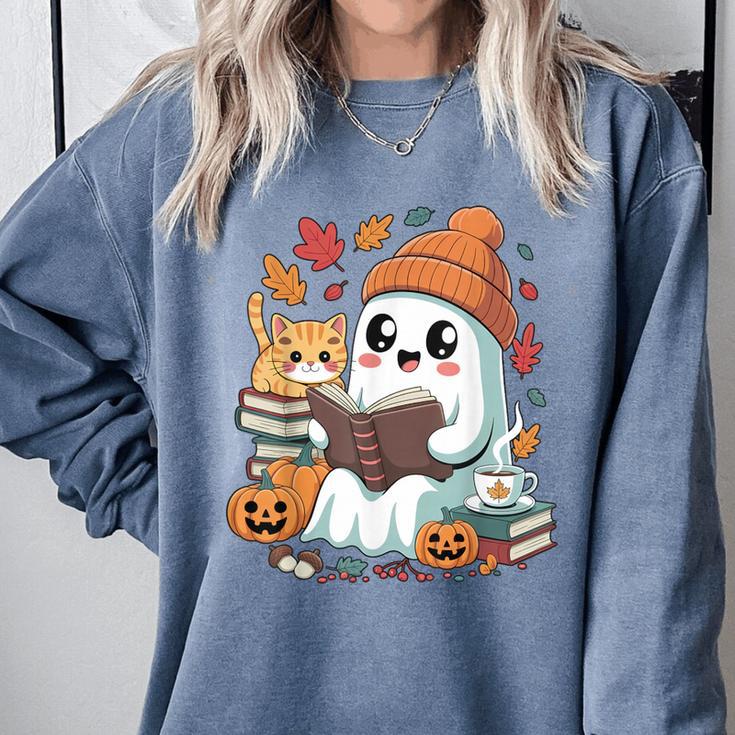 Cute Cozy Ghost Reading With Cat Book Lover Autumn Fall Comfort Colors Sweatshirt